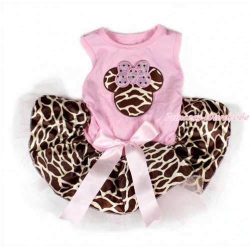 Light Pink Sleeveless Light Pink Giraffe Gauze Skirt With Giraffe Minnie Print With Light Pink Bow Pet Dress DC092 