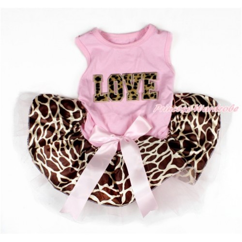 Light Pink Sleeveless Light Pink Giraffe Gauze Skirt With Leopard LOVE Print With Light Pink Bow Pet Dress DC093 