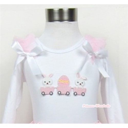 White Long Sleeves Top with Bunny Rabbit Egg Print With Light Pink Ruffles & White Bow T297 