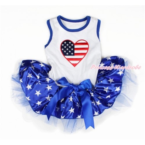 Valentine's Day White Sleeveless Royal Blue Patriotic American Star Gauze Skirt With Patriotic American Heart Print With Royal Blue Bow Pet Dress DC096 