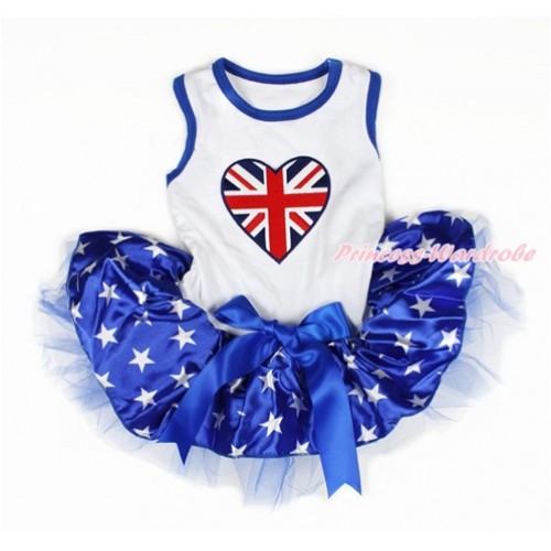 Valentine's Day White Sleeveless Royal Blue Patriotic American Star Gauze Skirt With Patriotic British Heart Print With Royal Blue Bow Pet Dress DC097 