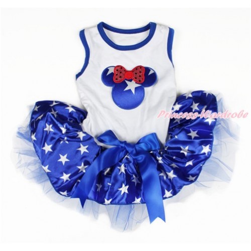 White Sleeveless Royal Blue Patriotic American Star Gauze Skirt With Patriotic American Star Minnie Print With Royal Blue Bow Pet Dress DC098 
