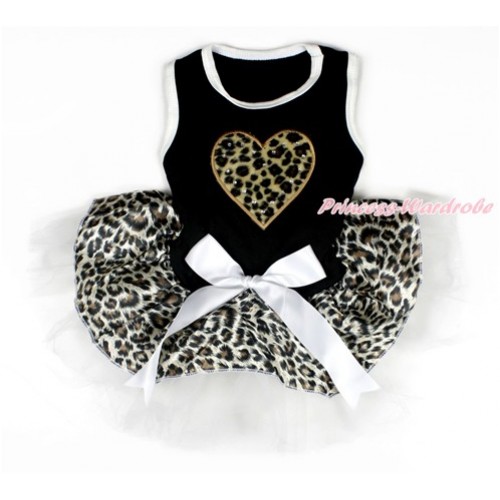 Valentine's Day Black Sleeveless Leopard White Gauze Skirt With Leopard Heart Print With White Bow Pet Dress DC099 