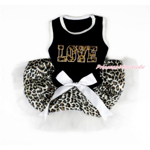 Black Sleeveless Leopard White Gauze Skirt With Leopard LOVE Print With White Bow Pet Dress DC100 