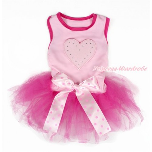 Valentine's Day Light Pink Sleeveless Hot Pink Gauze Skirt With Light Pink Heart Print With Light Hot Pink Dots Bow Pet Dress DC102 