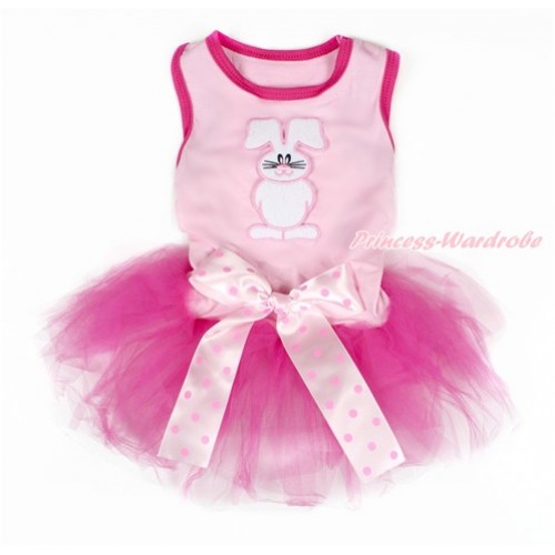Easter Light Pink Sleeveless Hot Pink Gauze Skirt With Bunny Rabbit Print With Light Hot Pink Dots Bow Pet Dress DC105 