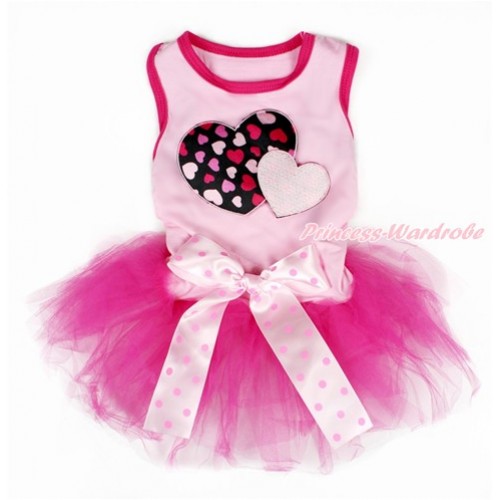 Valentine's Day Light Pink Sleeveless Hot Pink Gauze Skirt With Light Pink Sweet Twin Heart Print With Light Hot Pink Dots Bow Pet Dress DC106 