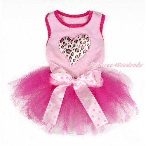 Valentine's Day Light Pink Sleeveless Hot Pink Gauze Skirt With Light Pink Leopard Heart Print With Light Hot Pink Dots Bow Pet Dress DC107 
