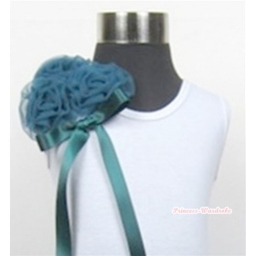 White Tank Top with Bunch of Teal Green Rosettes& Teal Green Bow TB279 