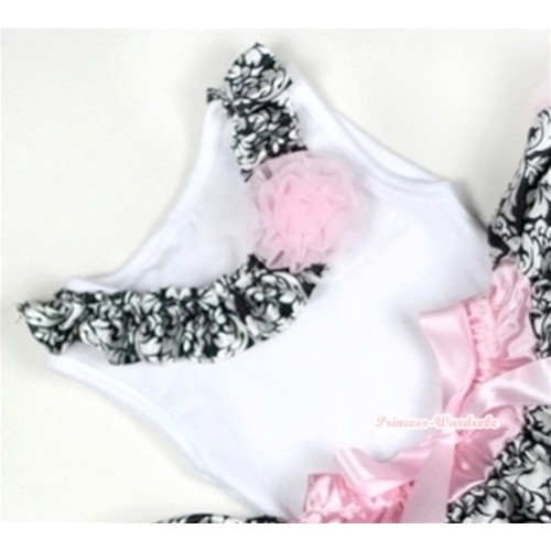 White Tank Tops with Damask Satin Lacing and One Light Pink Rose TB281 