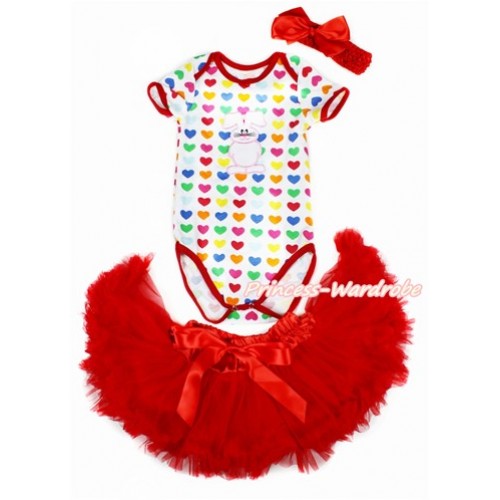 Easter Rainbow Heart Baby Jumpsuit with Runny Rabbit Print with Red Newborn Pettiskirt With Red Headband Red Silk Bow JN29 
