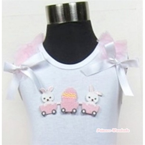 White Tank Top With Bunny Rabbit Egg Print with Light Pink Ruffles & White Bow TB287 