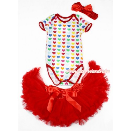 Rainbow Heart Baby Jumpsuit with Red Newborn Pettiskirt & Red Headband Red Silk Bow JN25 