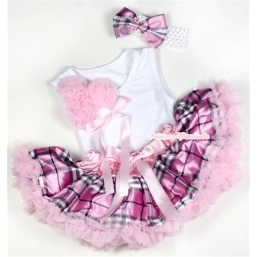 White Baby Pettitop with Bunch of Light Pink Rosettes& Light Pink Bow with Light Pink Checked Newborn Pettiskirt & White Headband Light Pink Checked Satin Bow 3PC Set NG1143 