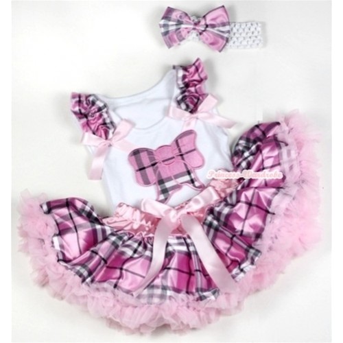 White Baby Pettitop with Light Pink Checked Butterfly Print with Light Pink Checked Ruffles & Light Pink Bows & Light Pink Checked Newborn Pettiskirt With White Headband Light Pink Checked Satin Bow NG1151 