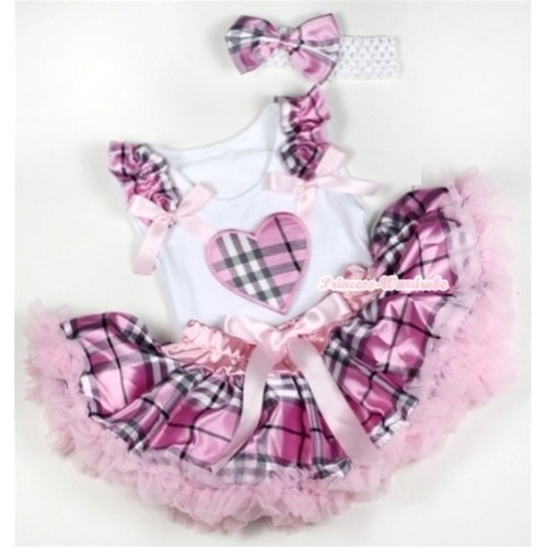 White Baby Pettitop with Light Pink Checked Heart Print with Light Pink Checked Ruffles & Light Pink Bows & Light Pink Checked Newborn Pettiskirt With White Headband Light Pink Checkfed Satin Bow NG1152 