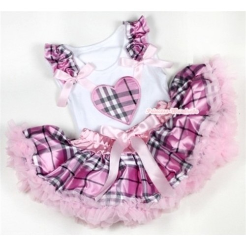 White Baby Pettitop with Light Pink Checked Heart Print with Light Pink Checked Ruffles & Light Pink Bow with Light Pink Checked Newborn Pettiskirt NN47 