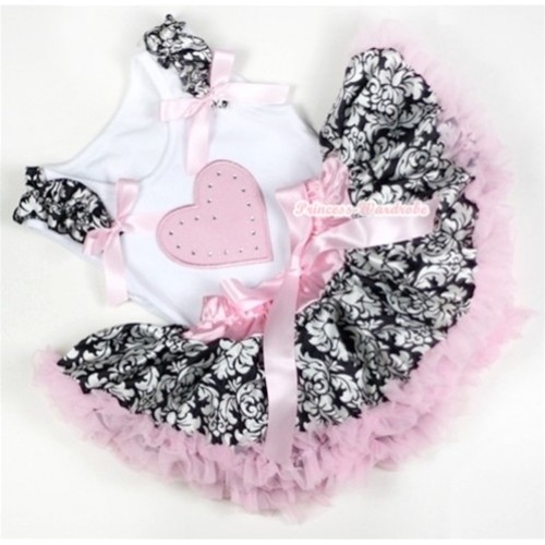 White Baby Pettitop with Light Pink Heart Print with Damask Ruffles & Light Pink Bow with Light Pink Damask Newborn Pettiskirt NN50 