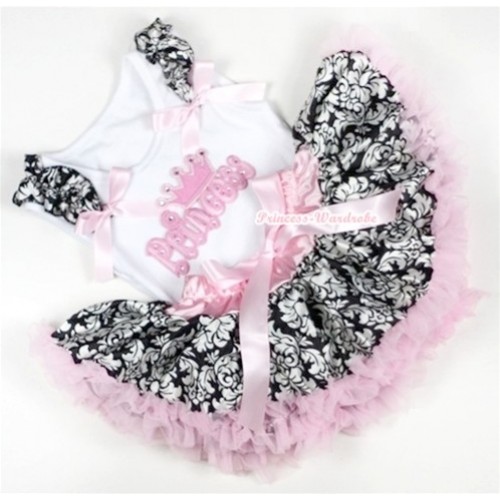 White Baby Pettitop with Princess Print with Damask Ruffles & Light Pink Bow with Light Pink Damask Newborn Pettiskirt NN52 