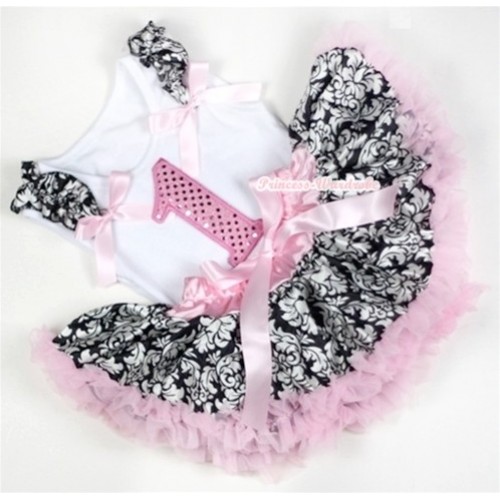 White Baby Pettitop with 1st Sparkle Light Pink Birthday Number Print with Damask Ruffles & Light Pink Bow with Light Pink Damask Newborn Pettiskirt NN53 