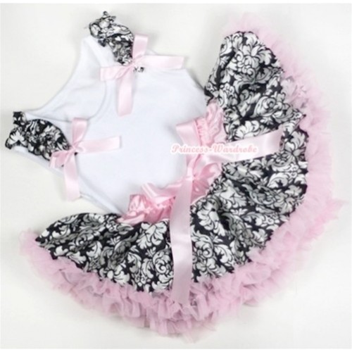 White Baby Pettitop With Damask Ruffles & Light Pink Bows with Light Pink Damask Newborn Pettiskirt NG1163 