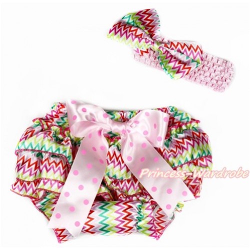 Easter Rainbow Wave Satin Layer Panties Bloomers with Light Hot Pink Dots Bow & Light Pink Headband Rainbow Wave Satin Bow BA15 
