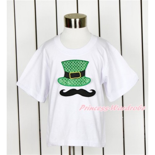 White Short Sleeves Top with Mustache Sparkle Kelly Green Hat Print TS17 
