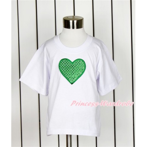 White Short Sleeves Top with Sparkle Kelly Green Heart Print TS19 