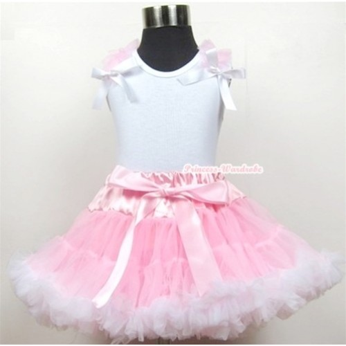White Tank Top With Light Pink Ruffles & White Bows With Light Pink White Pettiskirt MN098 