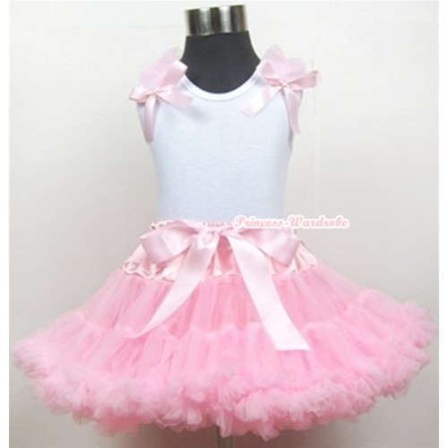 White Tank Top With Light Pink Ruffles & Light Pink Bows With Light Pink Pettiskirt MN099 