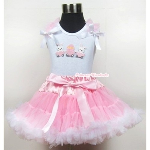 White Tank Top with Bunny Rabbit Egg Print with Light Pink Ruffles& White Bow & Light Pink White Pettiskirt MG366 