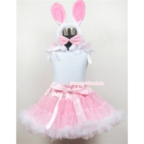 White Tank Top With Light Pink Ruffles & White Bows With Light Pink White Pettiskirt With White Rabbit Costume MG369 