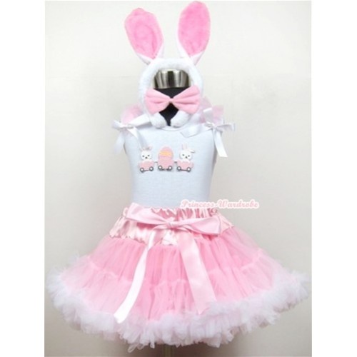 White Tank Top with Bunny Rabbit Egg Print with Light Pink Ruffles& White Bow & Light Pink White Pettiskirt With White Rabbit Costume MG371 