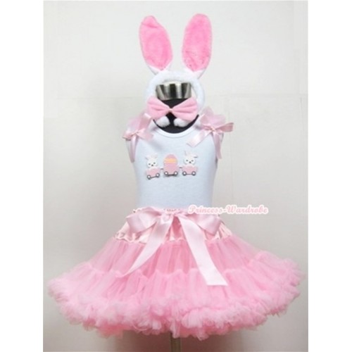 White Tank Top with Bunny Rabbit Egg Print with Light Pink Ruffles& Light Pink Bow & Light Pink Pettiskirt With White Rabbit Costume MG372 