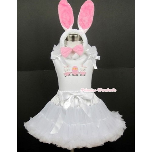 White Tank Top with Bunny Rabbit Egg Print with White Ruffles& White Bow & White Pettiskirt With White Rabbit Costume MG373 