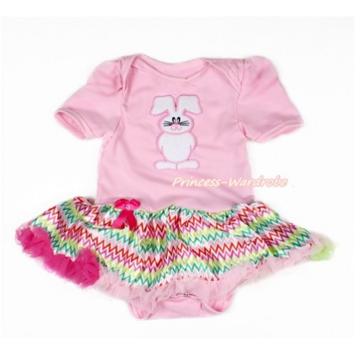 Easter Light Pink Baby Bodysuit Jumpsuit Rainbow Wave Pettiskirt with Bunny Rabbit Print JS3033 