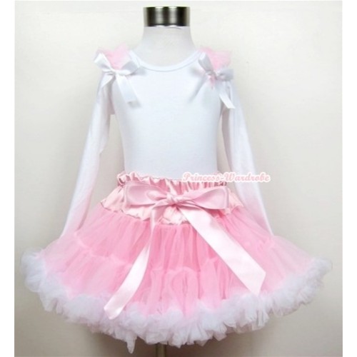 Light Pink White Pettiskirt with Matching White Long Sleeve Top with Light Pink Ruffles & White Bow MW193 