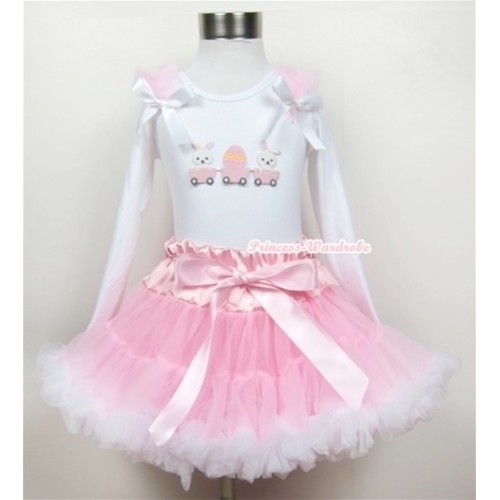 Light Pink White Pettiskirt with Bunny Rabbit Egg Print White Long Sleeve Top with Light Pink Ruffles & White Bow MW195 