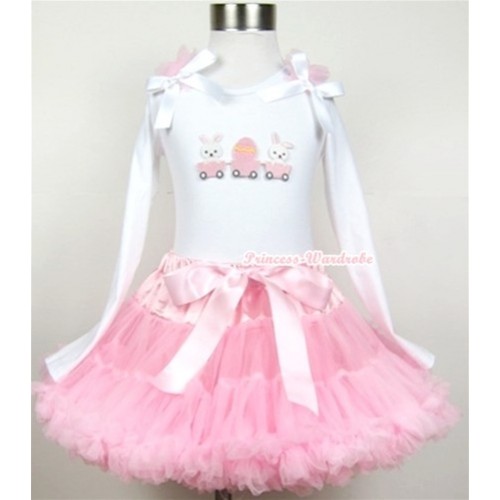 Light Pink Pettiskirt with Bunny Rabbit Egg Print White Long Sleeve Top with Light Pink Ruffles & White Bow MW196 