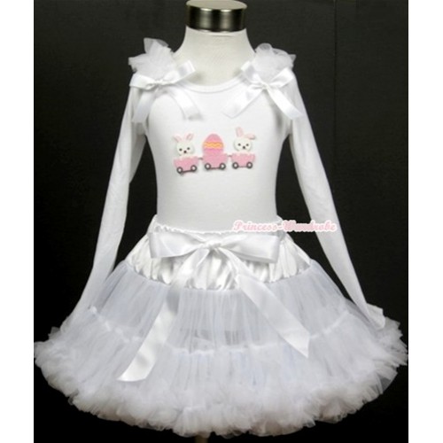 White Pettiskirt with Bunny Rabbit Egg Print White Long Sleeve Top with White Ruffles & White Bow MW197 