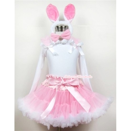 Light Pink White Pettiskirt with Matching White Long Sleeve Top with Light Pink Ruffles & White Bow With White Rabbit Costume MW198 
