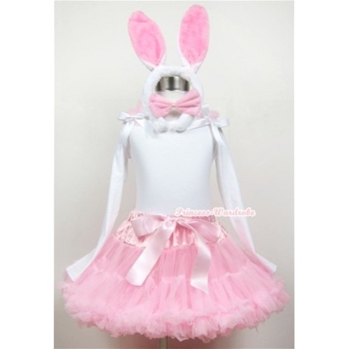 Light Pink Pettiskirt with Matching White Long Sleeve Top with Light Pink Ruffles & White Bow With White Rabbit Costume MW199 
