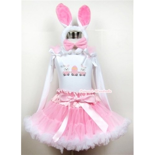 Light Pink White Pettiskirt with Bunny Rabbit Egg Print White Long Sleeve Top with Light Pink Ruffles & White Bow With White Rabbit Costume MW201 