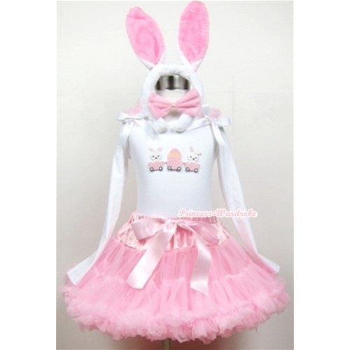 Light Pink Pettiskirt with Bunny Rabbit Egg Print White Long Sleeve Top with Light Pink Ruffles & White Bow With White Rabbit Costume MW202 