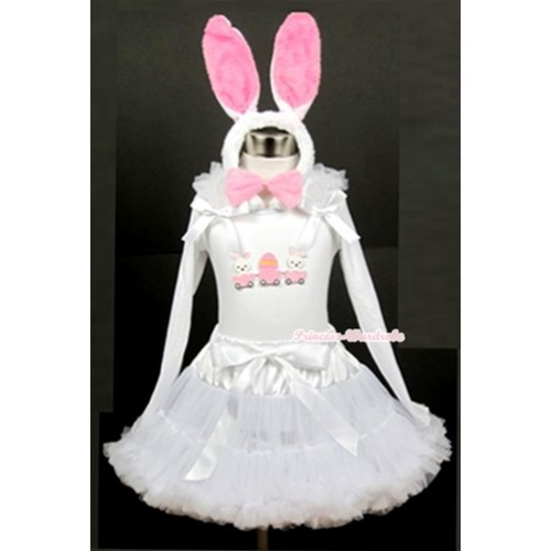 White Pettiskirt with Bunny Rabbit Egg Print White Long Sleeve Top with White Ruffles & White Bow With White Rabbit Costume MW203 