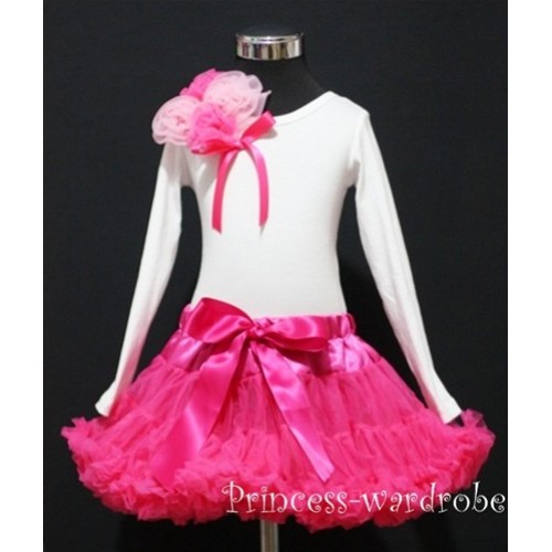 Hot Pink Pettiskirt  with Matching White Long Sleeves Top with Bunch Hot Light Pink Rosettes &Hot Pink Bow MW04 