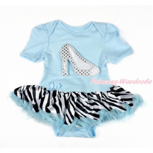 Light Blue Baby Bodysuit Jumpsuit Zebra Light Blue Pettiskirt with Sparkle White High Heel Shoes Print JS3038 