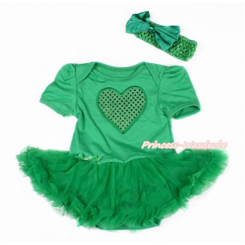 Valentine's Day Kelly Green Baby Bodysuit Jumpsuit Kelly Green Pettiskirt With Sparkle Kelly Green Heart Print With Kelly Green Headband Kelly Green Satin Bow JS3040 