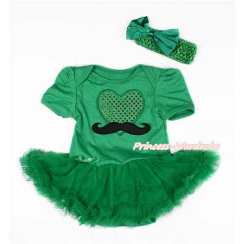 Valentine's Day Kelly Green Baby Bodysuit Jumpsuit Kelly Green Pettiskirt With Mustache Sparkle Kelly Green Heart Print With Kelly Green Headband Kelly Green Satin Bow JS3041 