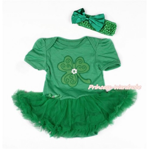 St Patrick's Day Kelly Green Baby Bodysuit Jumpsuit Kelly Green Pettiskirt With Clover Print With Kelly Green Headband Kelly Green Satin Bow JS3042 